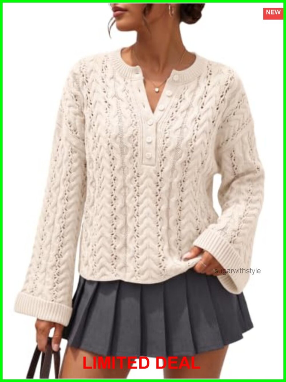 Women's Henley Cable Knit Cropped Sweater Cotton Blend Pullover